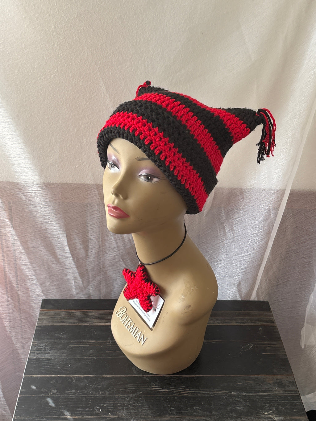 Black & Red Striped Cat Hat With Fringe Detail & Matching Star Necklace