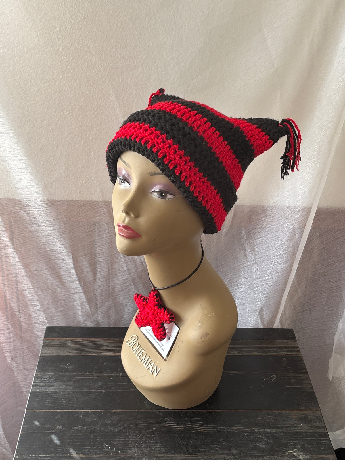 Black & Red Striped Cat Hat With Fringe Detail & Matching Star Necklace