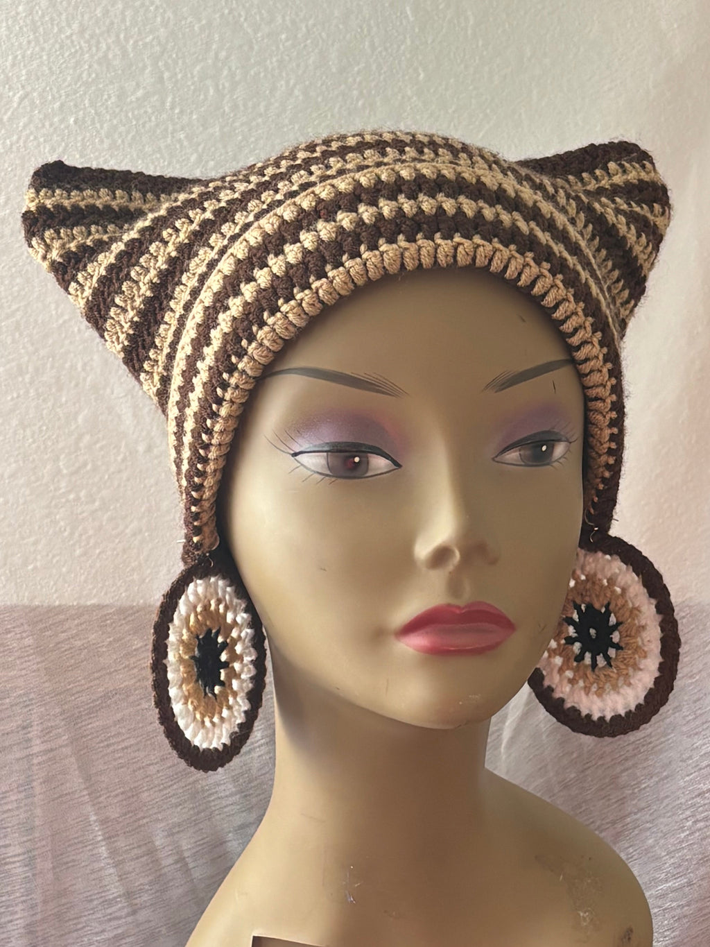 Brown & Tan Cat Hat & Earrings Set