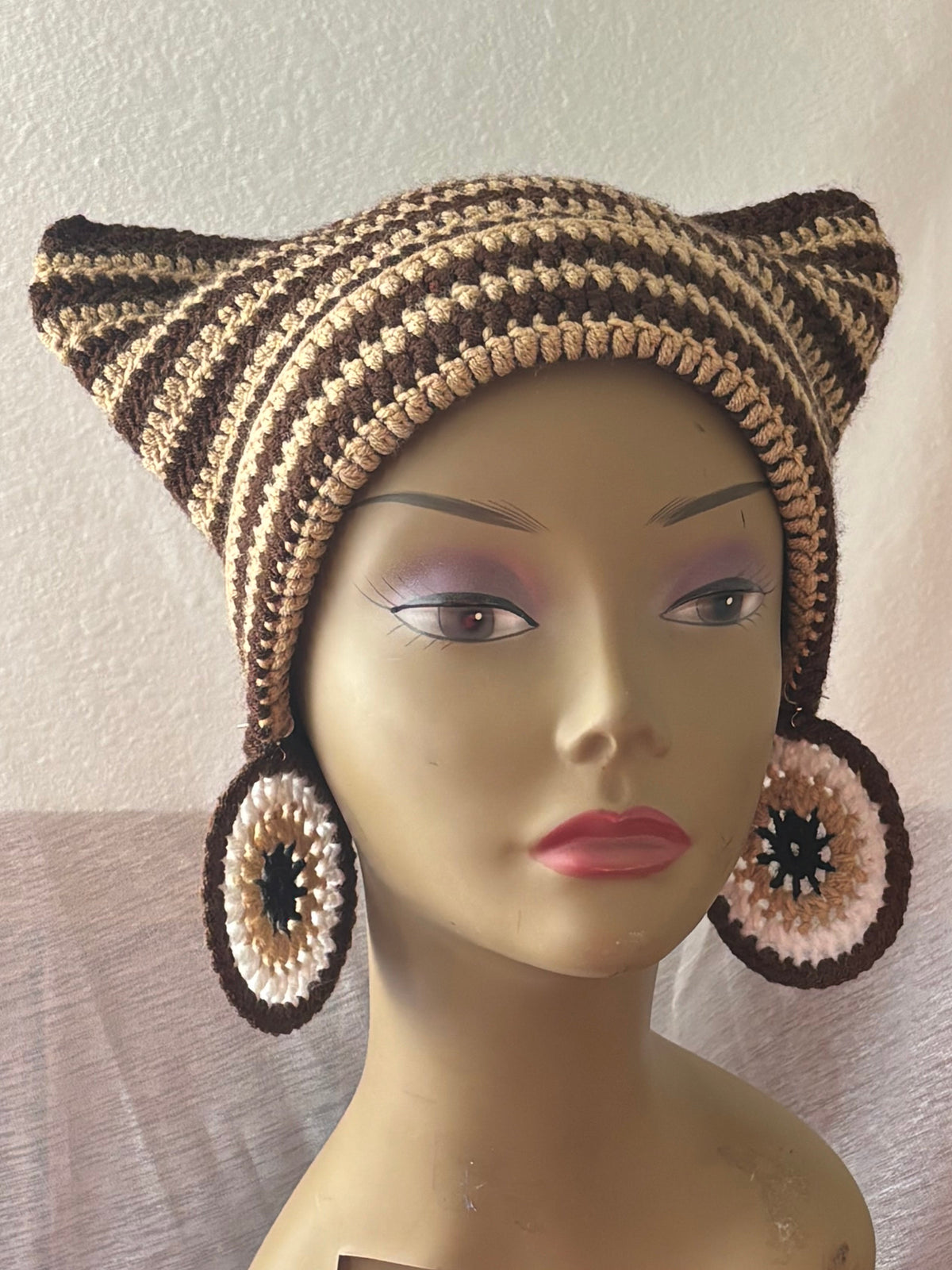Brown & Tan Cat Hat & Earrings Set