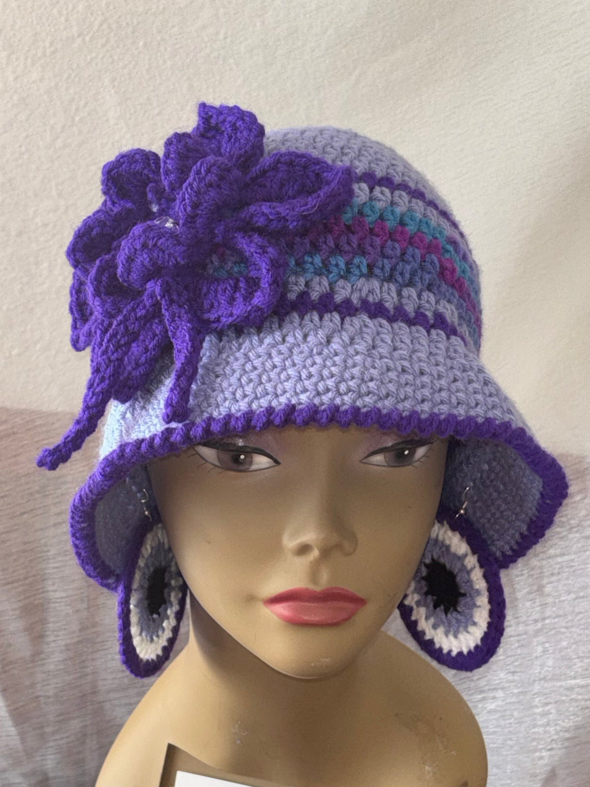 Elegant Purple Bucket Hat with Flower Detail & Matching Earrings