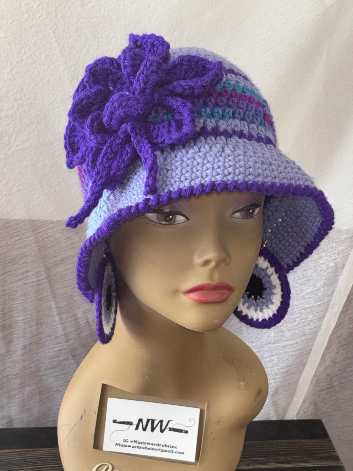 Elegant Purple Bucket Hat with Flower Detail & Matching Earrings