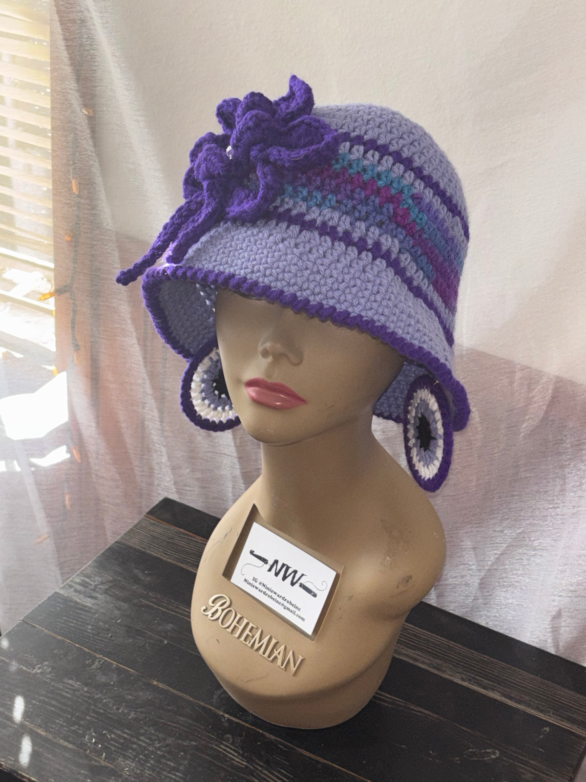 Elegant Purple Bucket Hat with Flower Detail & Matching Earrings