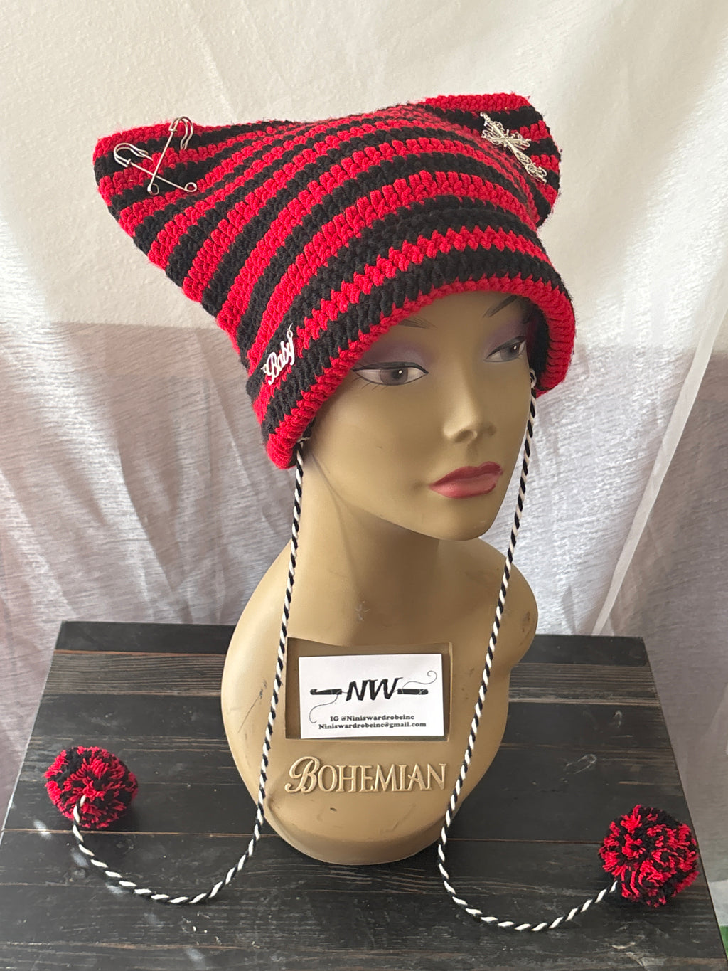 Black & Red Striped Cat Hat With Charms & Pom Pom Detail