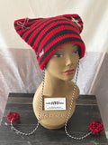 Black & Red Striped Cat Hat With Charms & Pom Pom Detail