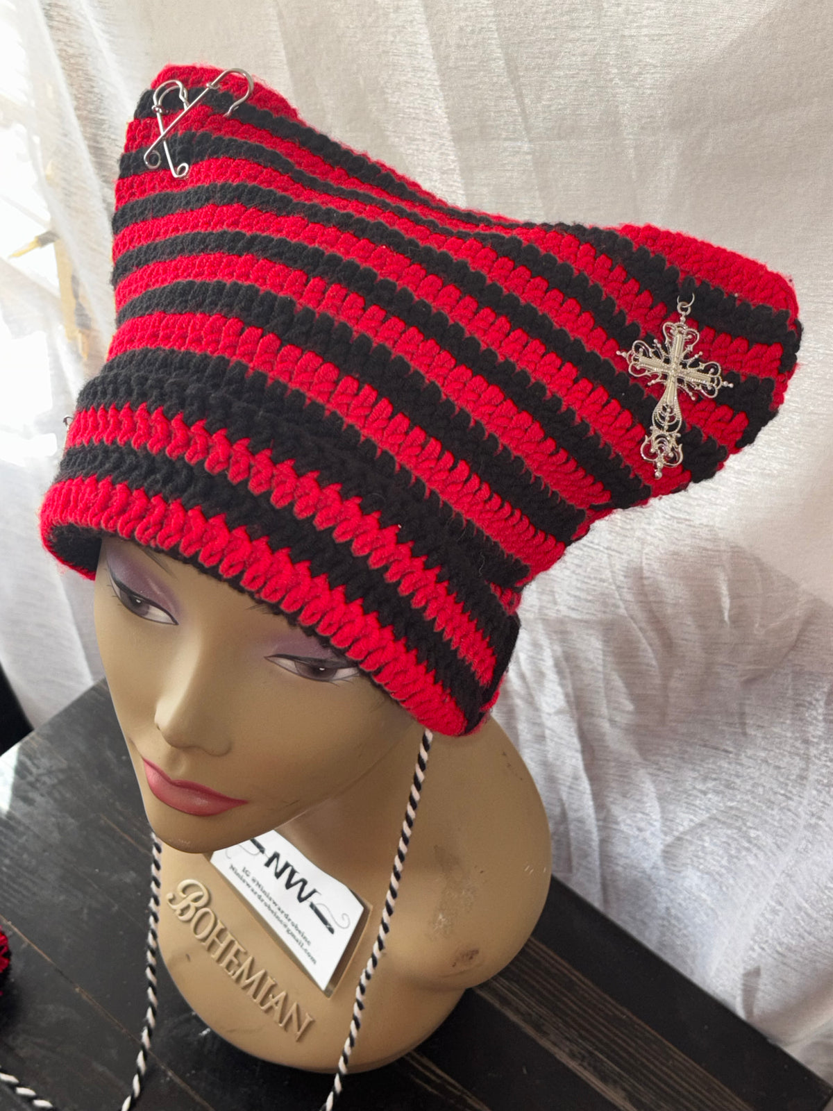 Black & Red Striped Cat Hat With Charms & Pom Pom Detail