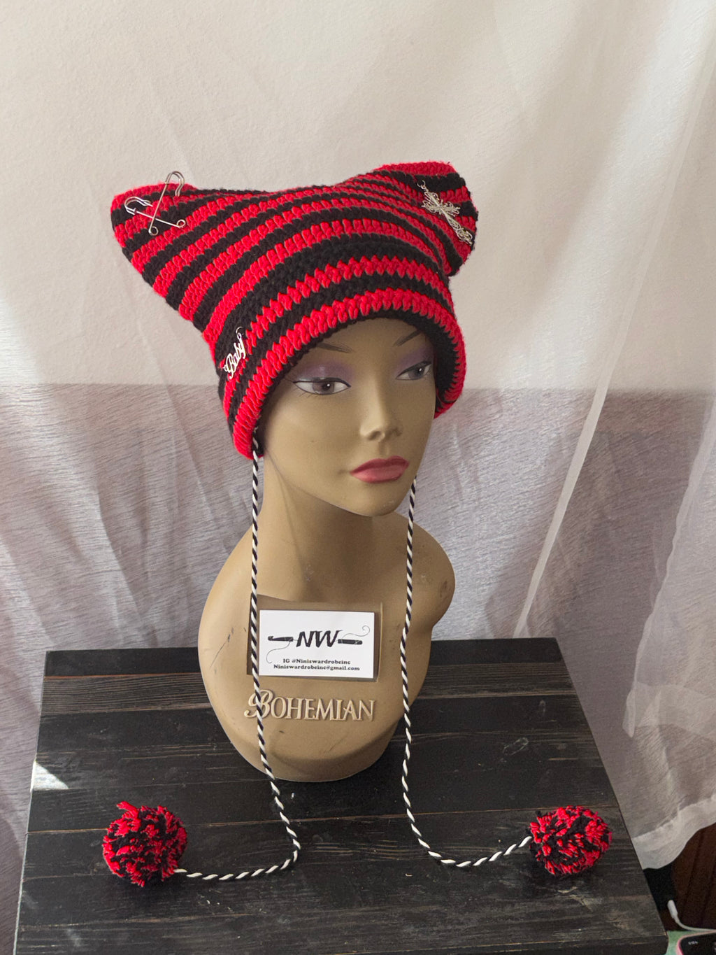 Black & Red Striped Cat Hat With Charms & Pom Pom Detail