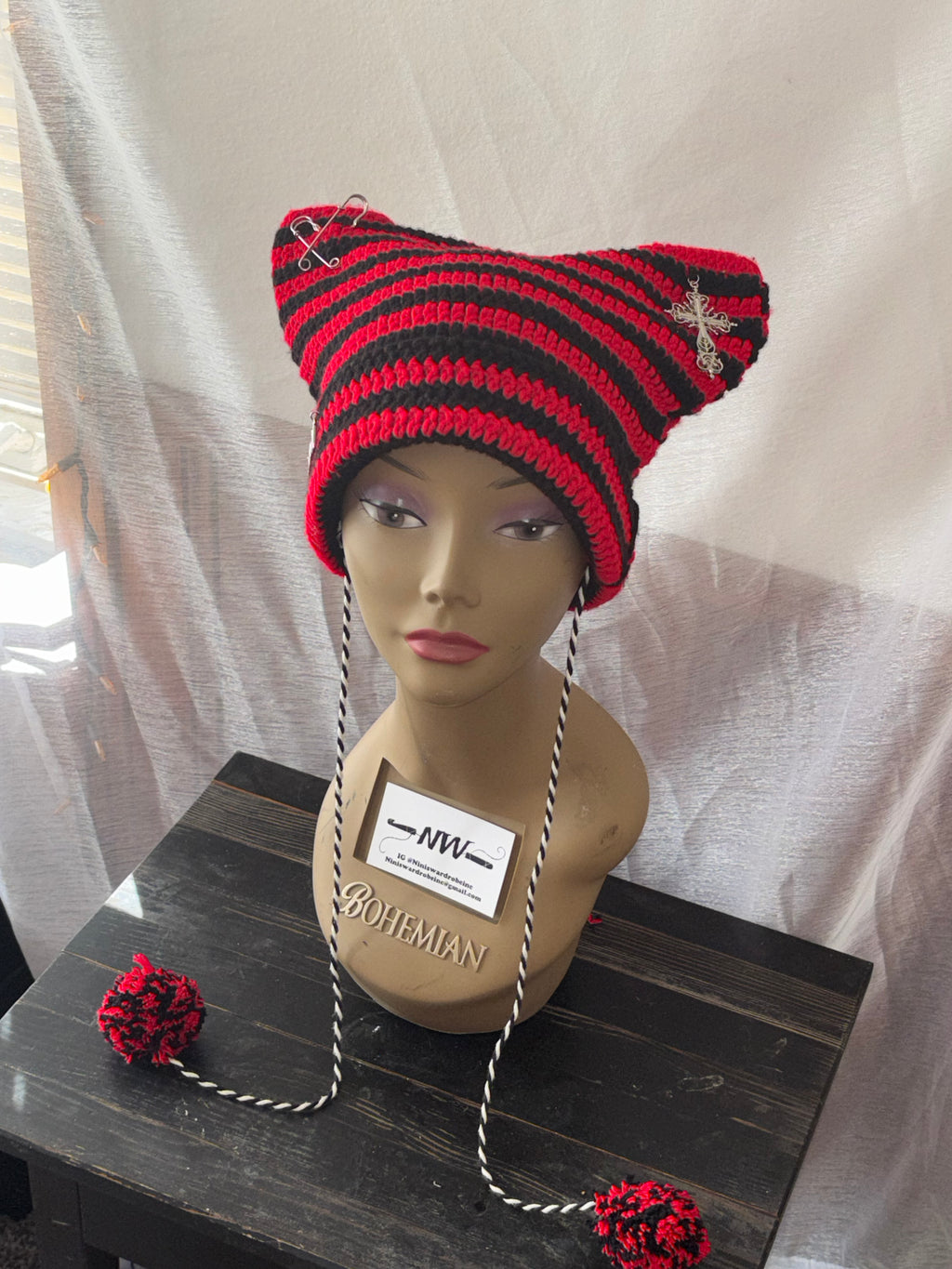 Black & Red Striped Cat Hat With Charms & Pom Pom Detail
