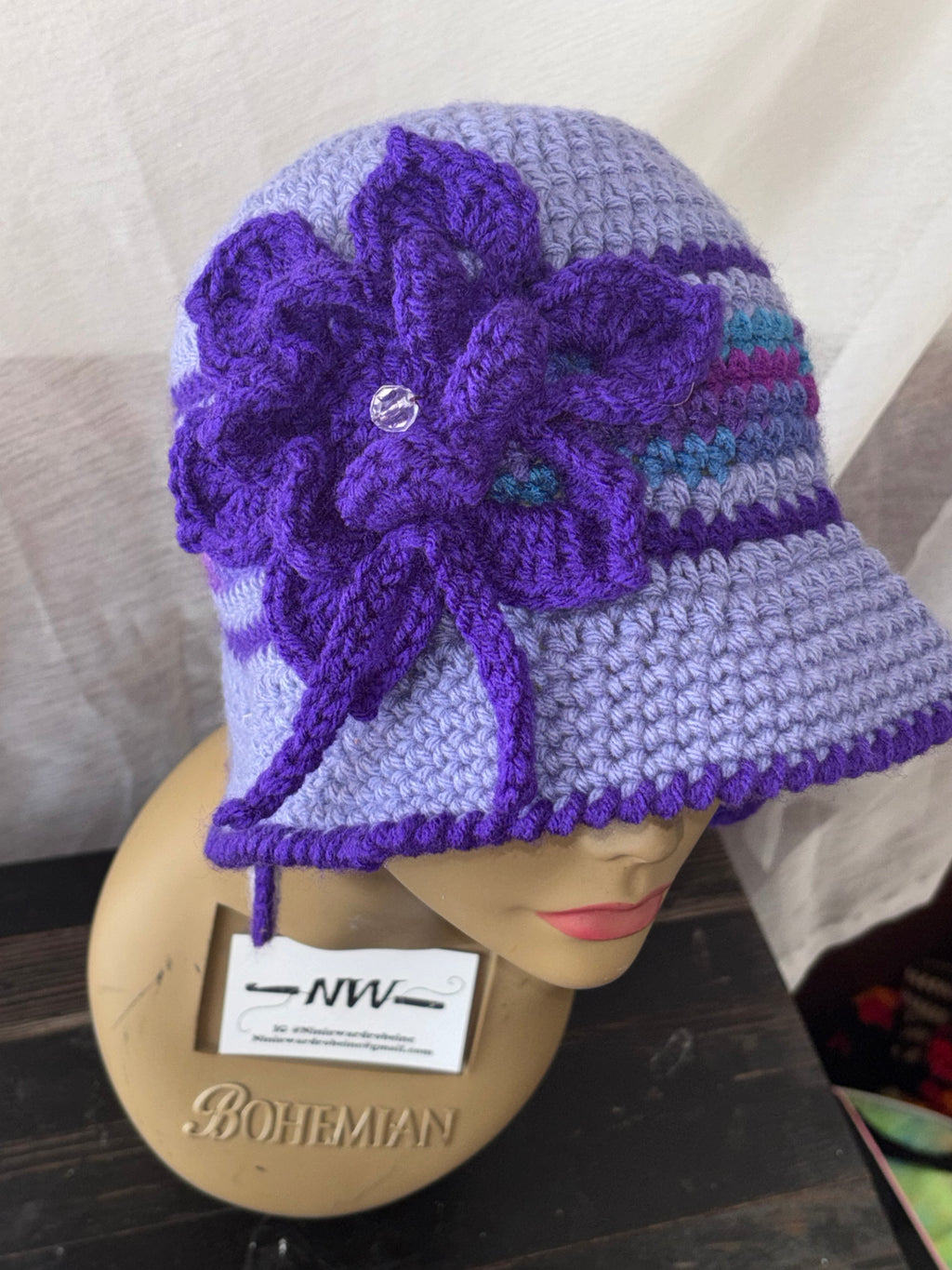 Elegant Purple Bucket Hat with Flower Detail & Matching Earrings