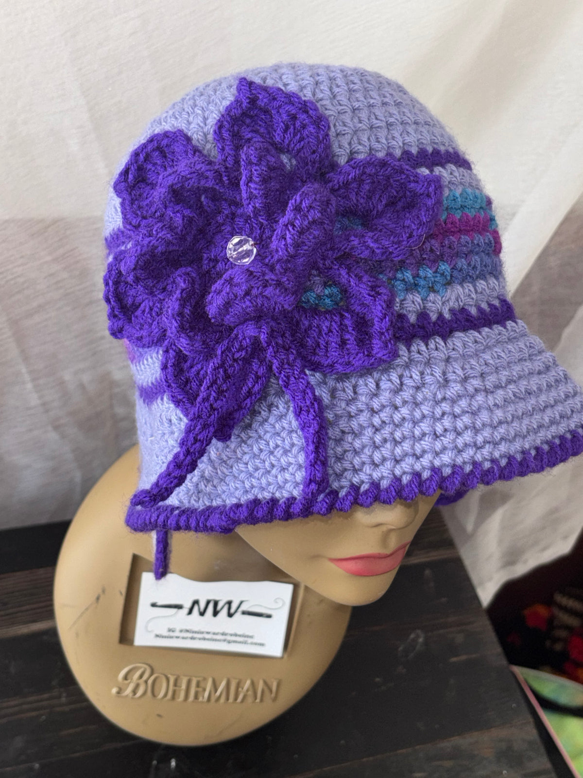 Elegant Purple Bucket Hat with Flower Detail & Matching Earrings