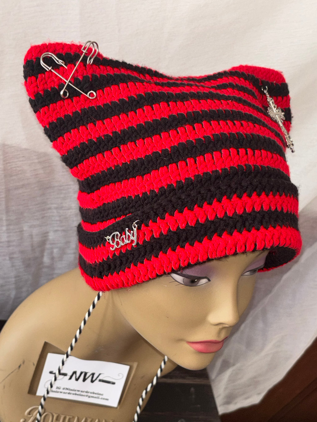 Black & Red Striped Cat Hat With Charms & Pom Pom Detail