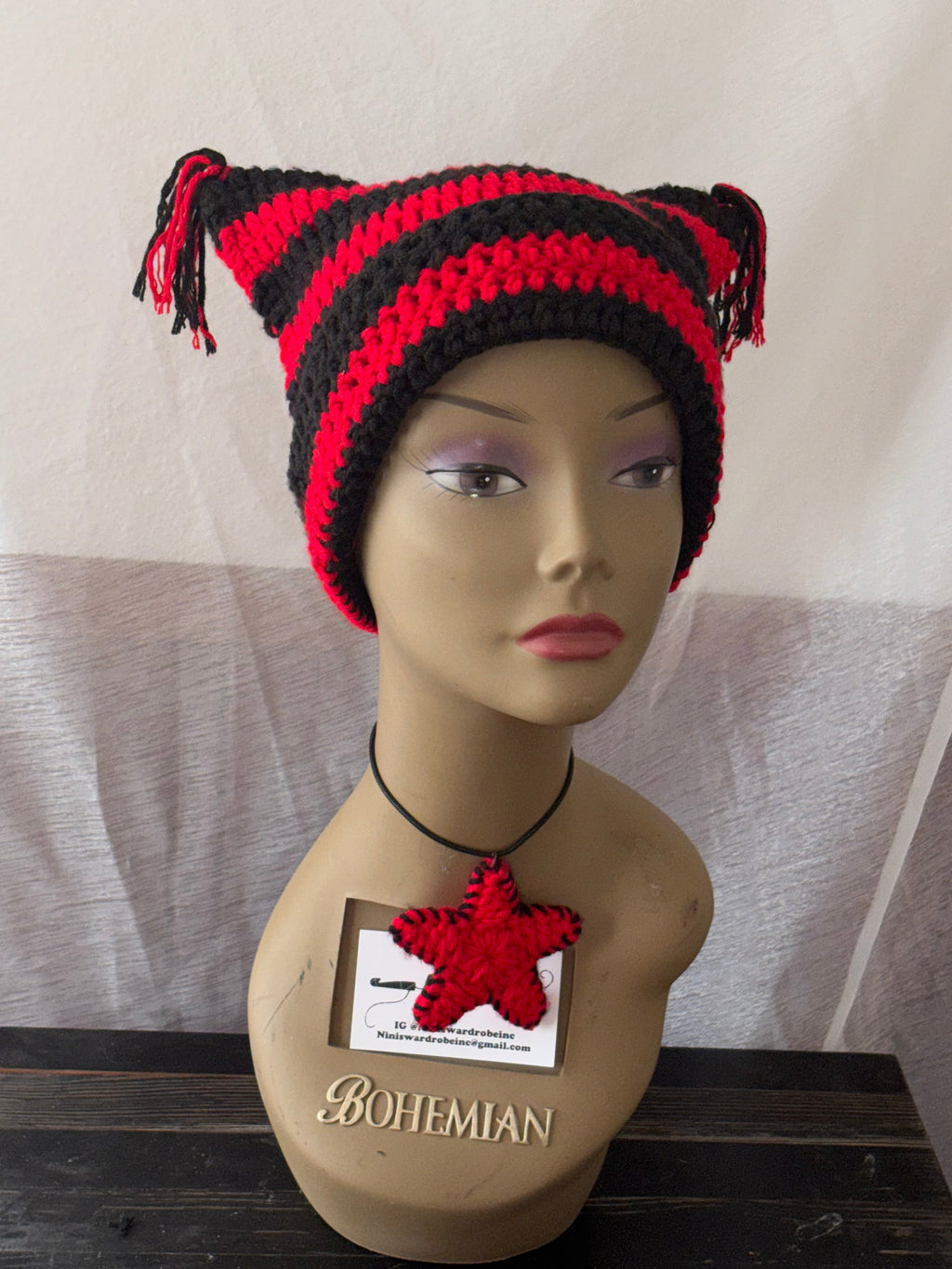 Black & Red Striped Cat Hat With Fringe Detail & Matching Star Necklace
