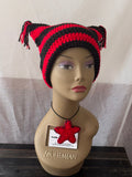 Black & Red Striped Cat Hat With Fringe Detail & Matching Star Necklace