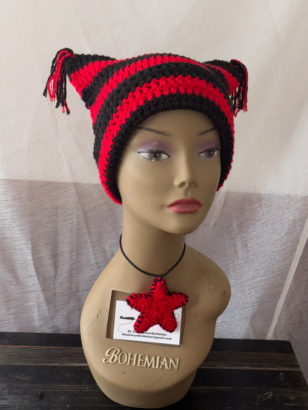 Black & Red Striped Cat Hat With Fringe Detail & Matching Star Necklace