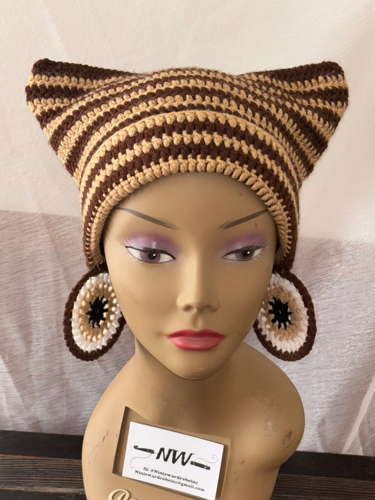 Brown & Tan Cat Hat & Earrings Set