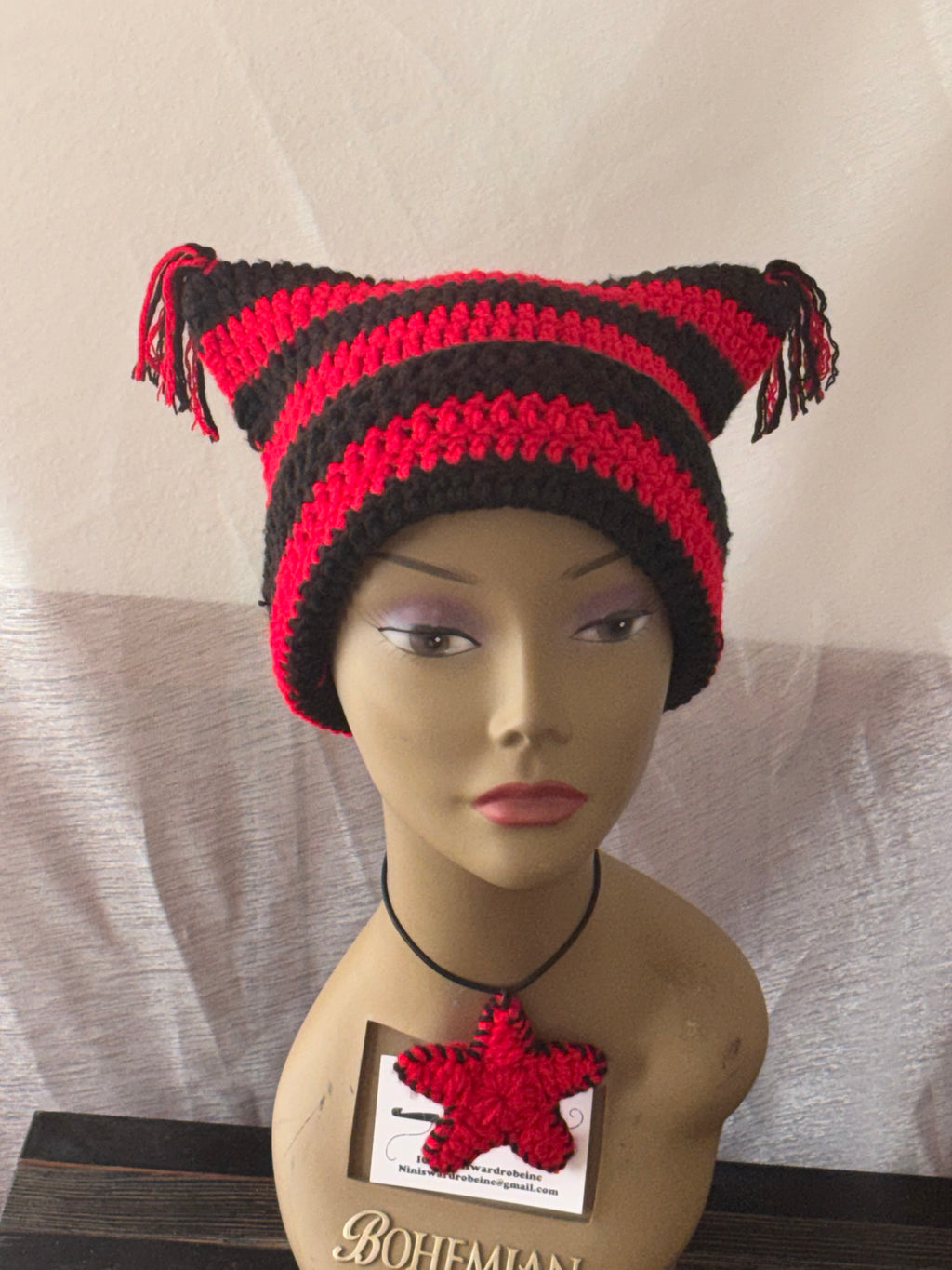 Black & Red Striped Cat Hat With Fringe Detail & Matching Star Necklace