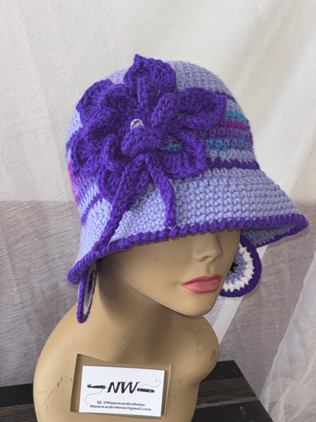 Elegant Purple Bucket Hat with Flower Detail & Matching Earrings