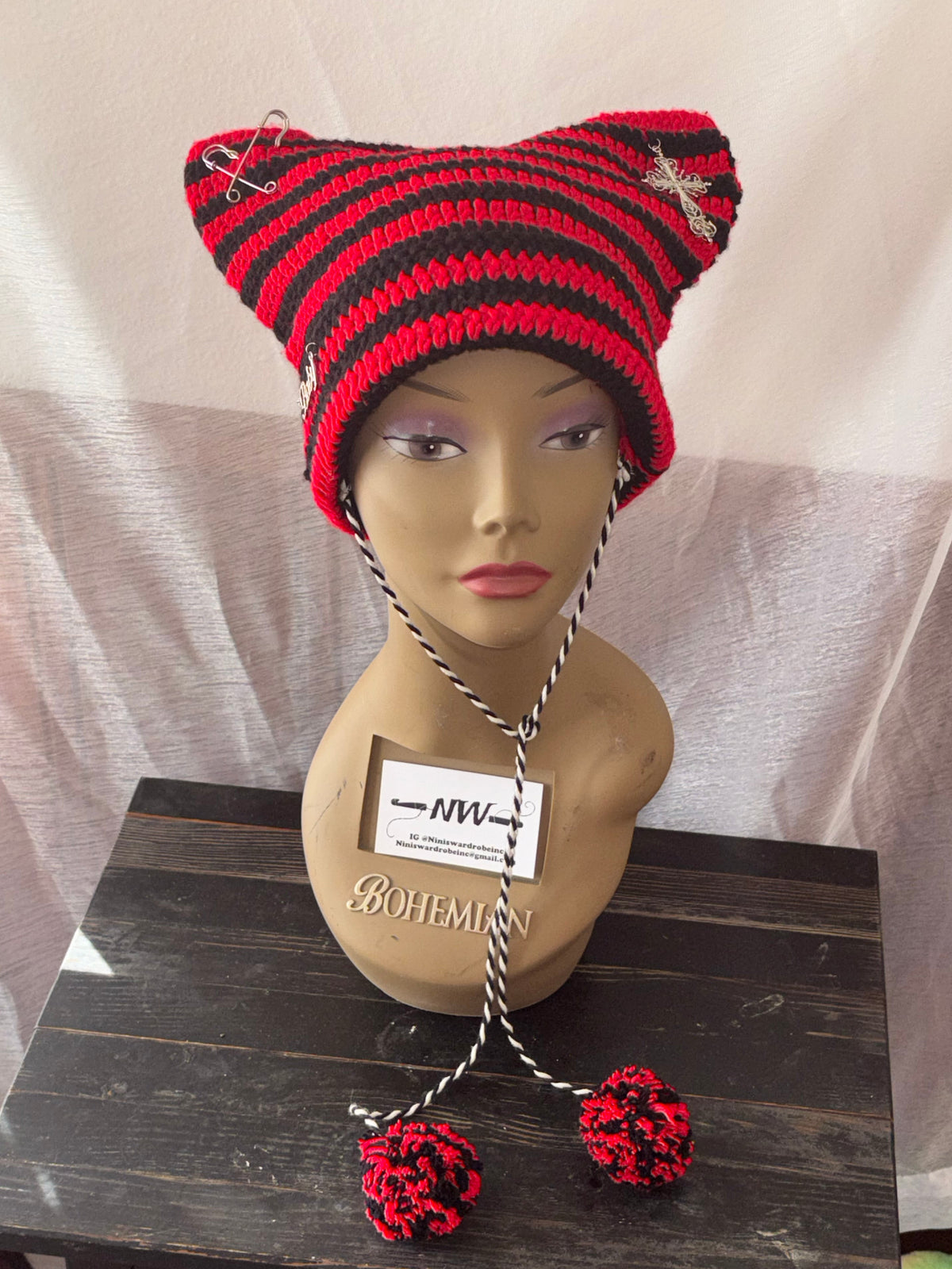 Black & Red Striped Cat Hat With Charms & Pom Pom Detail