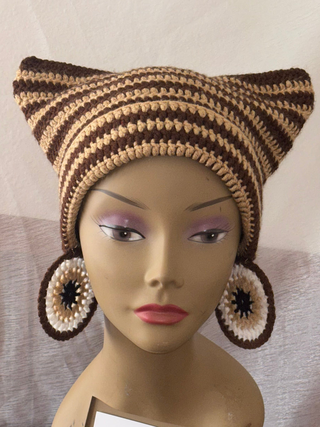 Brown & Tan Cat Hat & Earrings Set