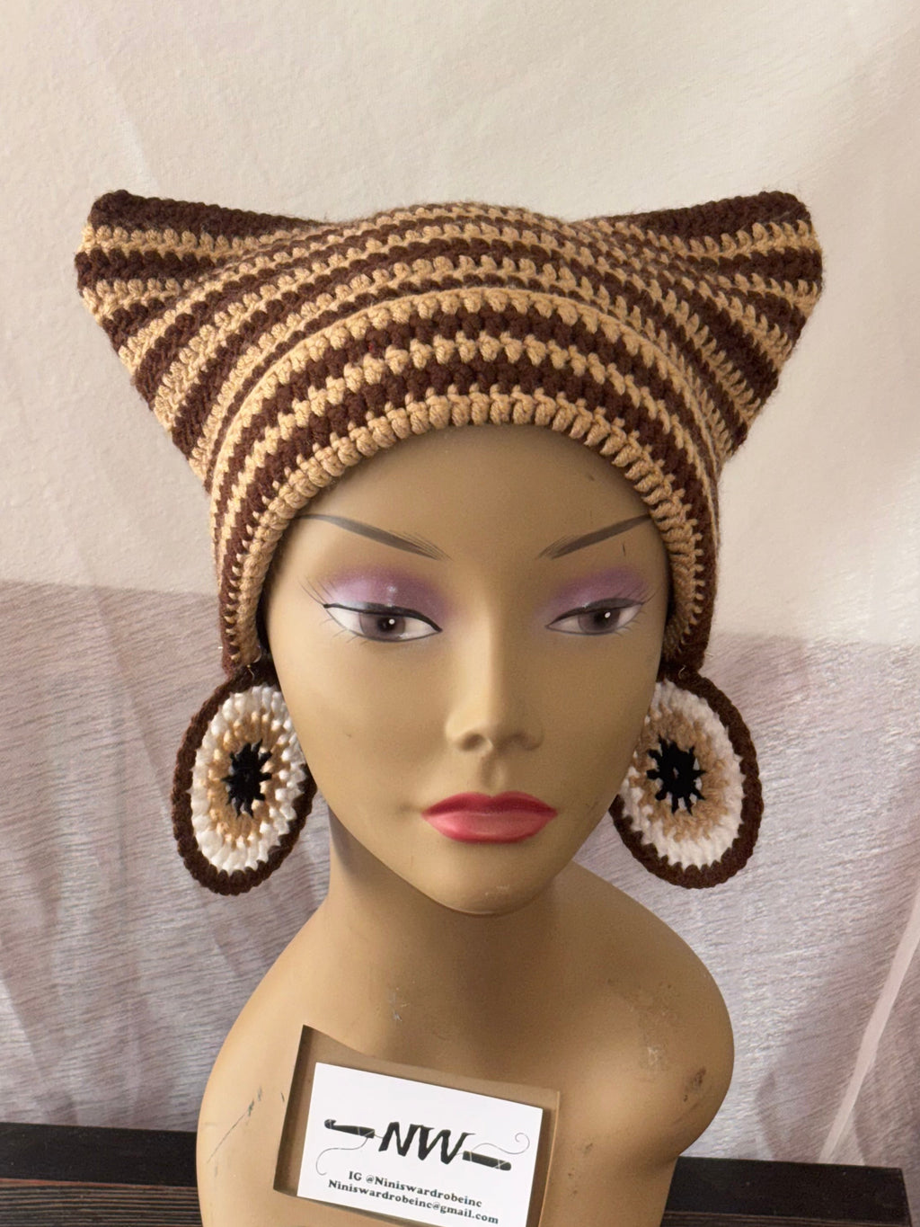Brown & Tan Cat Hat & Earrings Set
