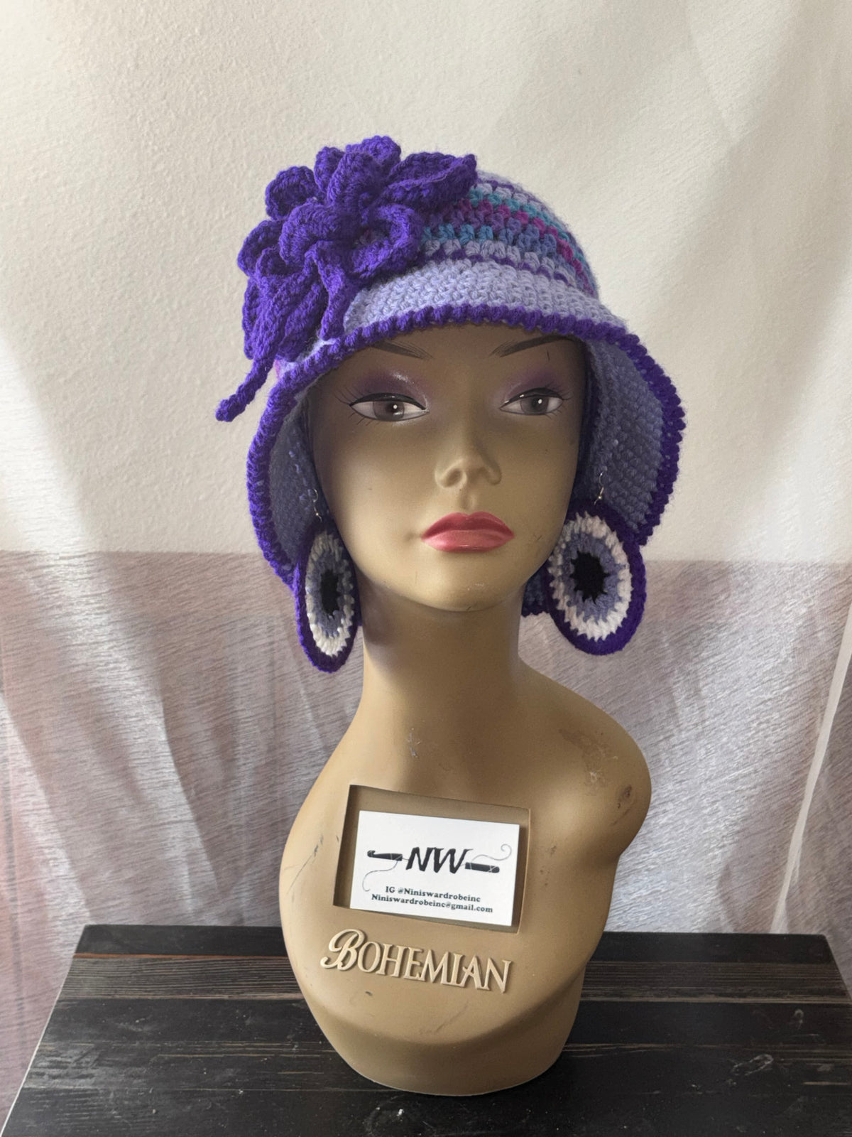 Elegant Purple Bucket Hat with Flower Detail & Matching Earrings
